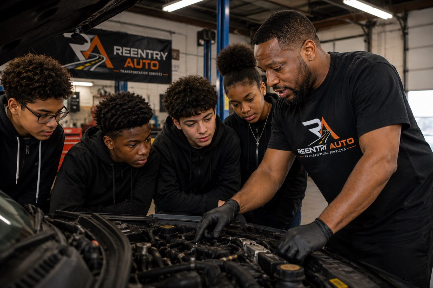 An instructor teaching young people to work on an engine